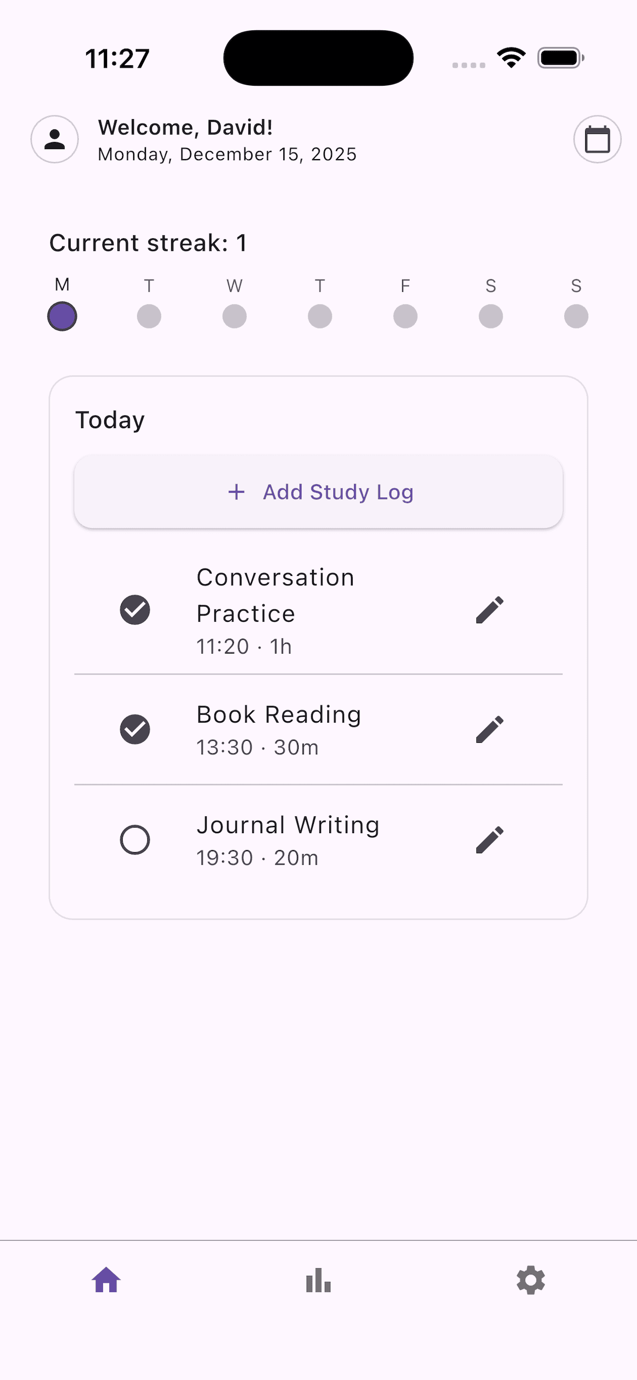 Daily study log and streak overview